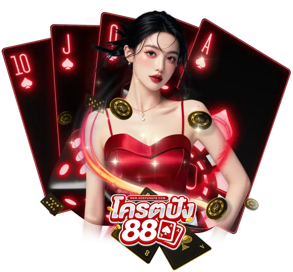 ภาพกราฟิกโปรโมทเว็บ kodpung88 คาสิโนออนไลน์ แสดงหญิงสาวพร้อมไพ่โป๊กเกอร์และชิปคาสิโน โทนสีแดงหรู สื่อถึงเกมเดิมพันยอดนิยม เช่น บาคาร่า สล็อต และคาสิโนสด เหมาะสำหรับใช้ประกอบหน้าเว็บคาสิโนออนไลน์ kodpung88