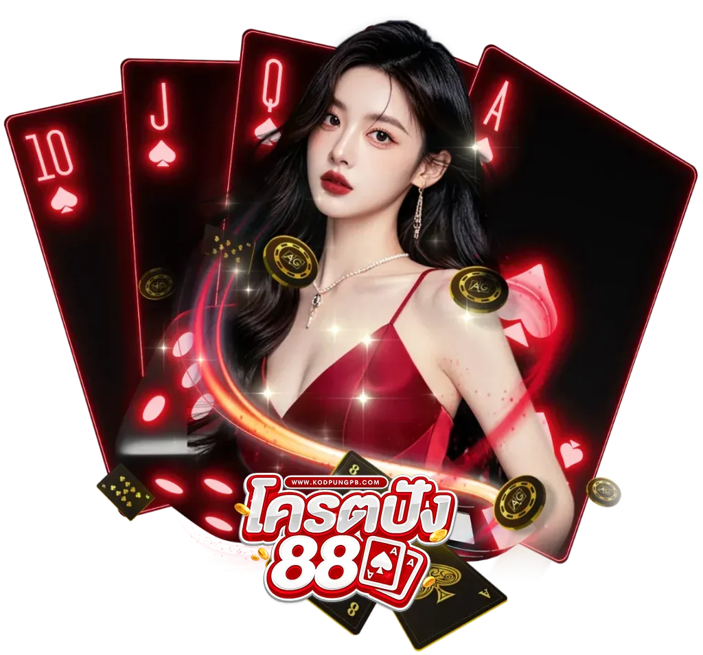 ภาพกราฟิกโปรโมทเว็บ kodpung88 คาสิโนออนไลน์ แสดงหญิงสาวพร้อมไพ่โป๊กเกอร์และชิปคาสิโน โทนสีแดงหรู สื่อถึงเกมเดิมพันยอดนิยม เช่น บาคาร่า สล็อต และคาสิโนสด เหมาะสำหรับใช้ประกอบหน้าเว็บคาสิโนออนไลน์ kodpung88