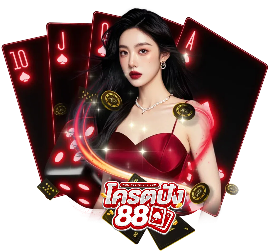 ภาพกราฟิกโปรโมทเว็บ kodpung88 คาสิโนออนไลน์ แสดงหญิงสาวพร้อมไพ่โป๊กเกอร์และชิปคาสิโน โทนสีแดงหรู สื่อถึงเกมเดิมพันออนไลน์ยอดนิยม เช่น บาคาร่า สล็อต และคาสิโนสด เหมาะสำหรับใช้ประกอบหน้าเว็บไซต์ kodpung88